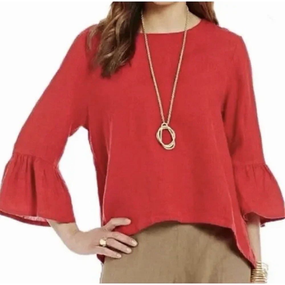 Bryn Walker L Red 100% Cotton Hi‎ Low Hem Bell Sleeve Blouse Top Lagenlook USA